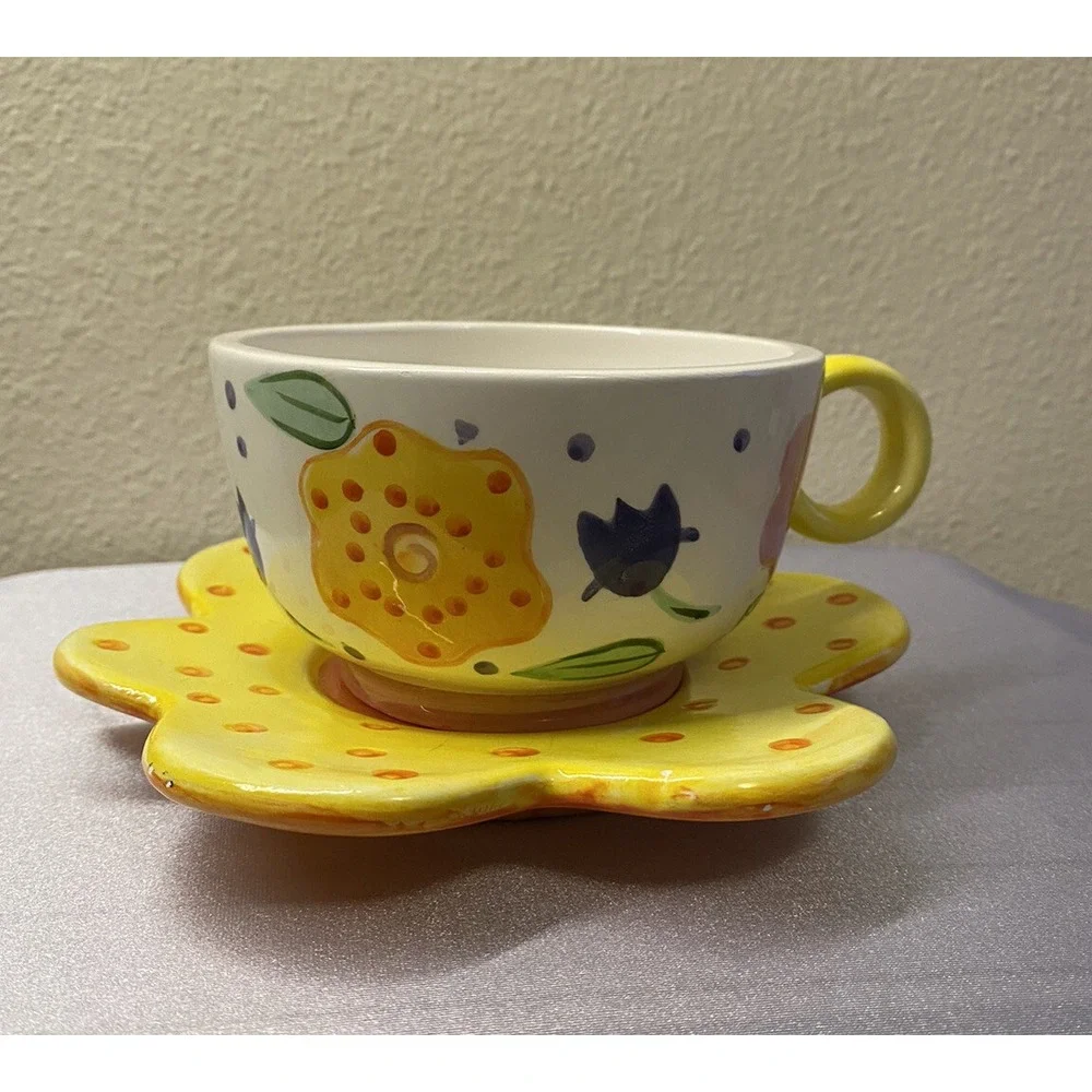 Betallic Ceramic Coffe Cup & Saucer flower Shape plate large cup Pre- owned